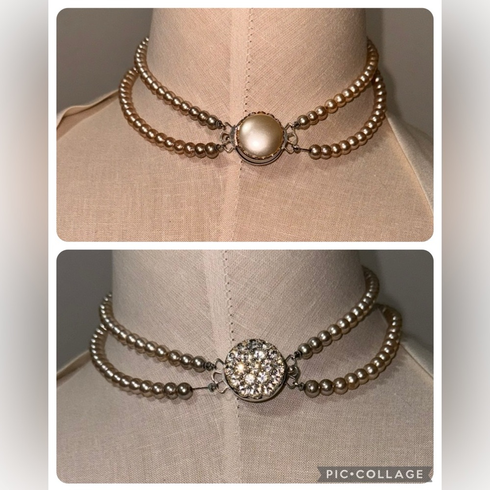 Sarah Coventry Faux Pearl Reversible Rhinestone Necklace